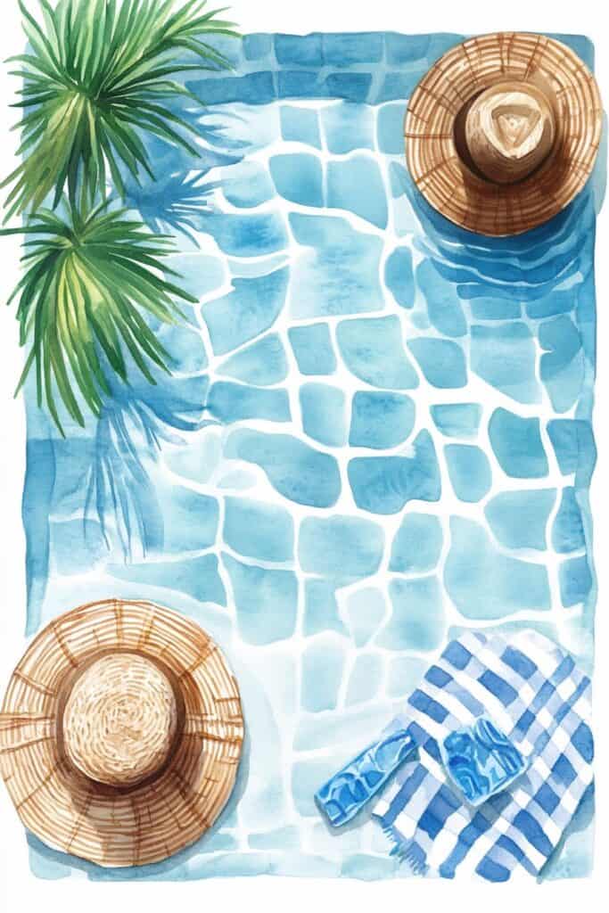 Sunlit poolside watercolor illustration with straw hats and tropical plants.