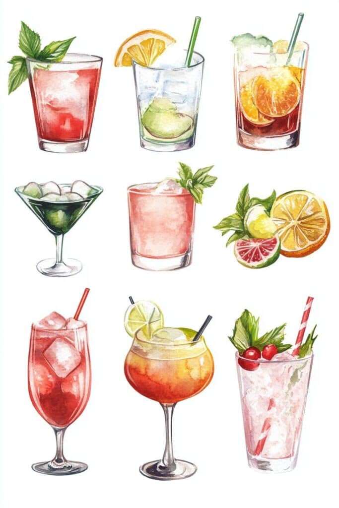 Bright watercolor illustrations of colorful cocktails and mocktails with fresh fruit garnishes.