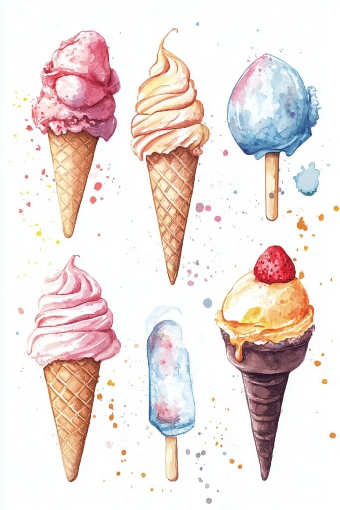 Bright watercolor ice cream cone illustrations with colorful splashes, art for ice cream lovers.