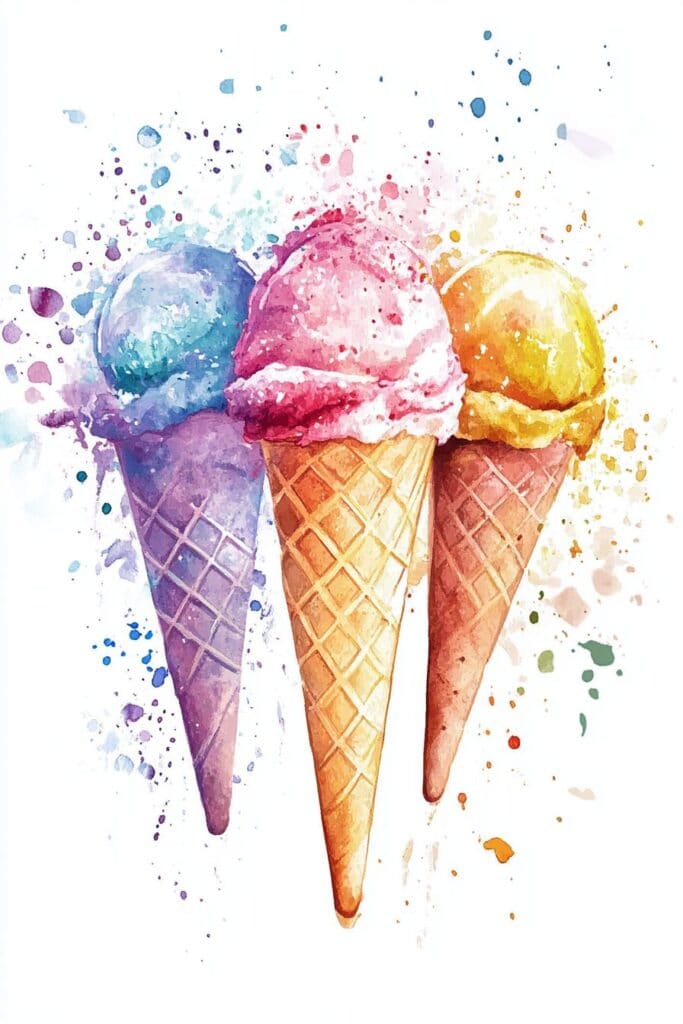 Colorful watercolor ice cream cones with scoops in purple, pink, and yellow.