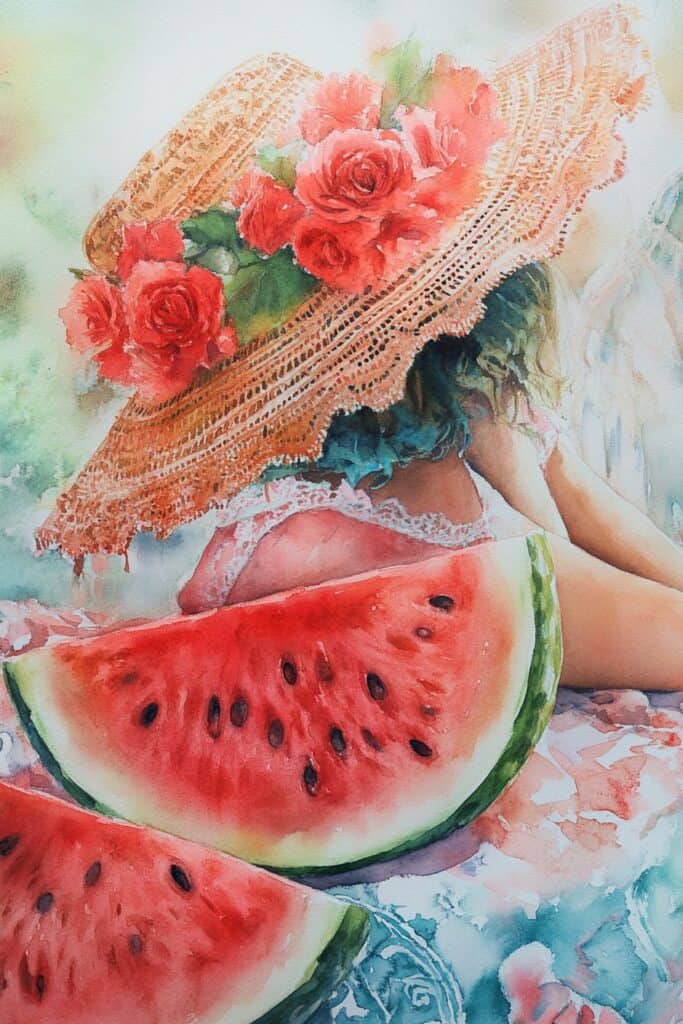 Vibrant watercolor of a woman with a large straw hat decorated with red roses, holding watermelon slices.