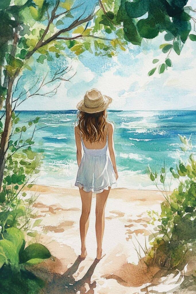 Girl in white summer dress on beach with ocean view, watercolor illustration, lake scenery, summer vacation scene.