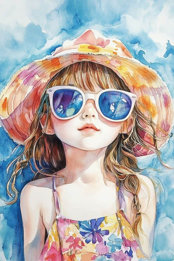 Images-of-a-girl-in-a-summer-hat-and-sunglasses-watercolor-illustration.