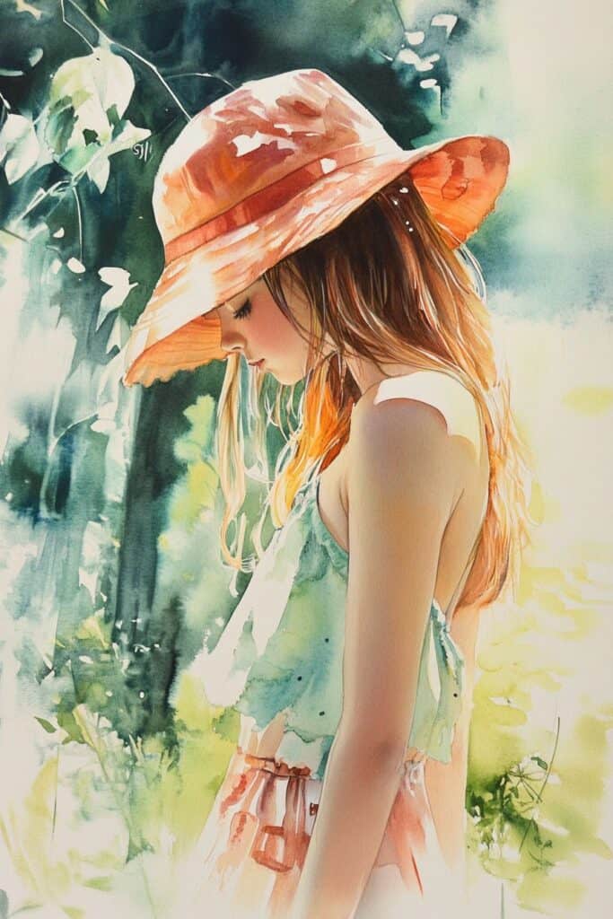 Young woman with a wide-brimmed hat and summer outfit in watercolor style.