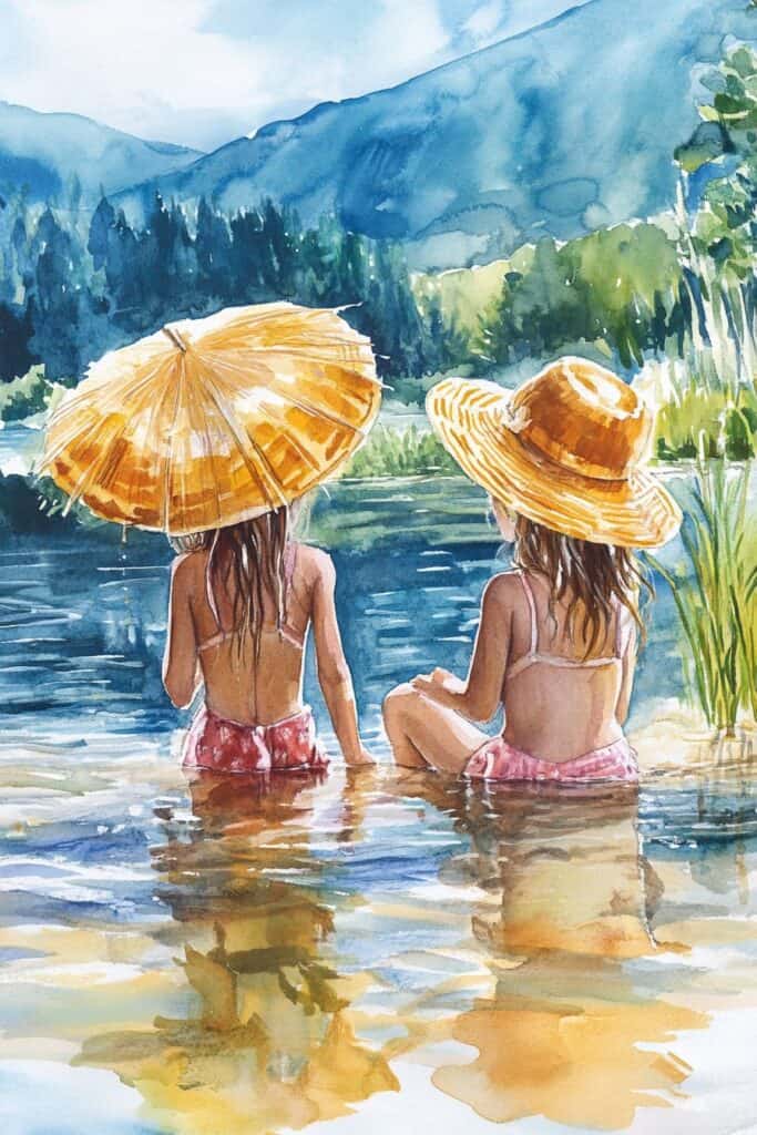 Kids enjoying summer by the lake with straw hats and watercolors, scenic outdoor art painting.