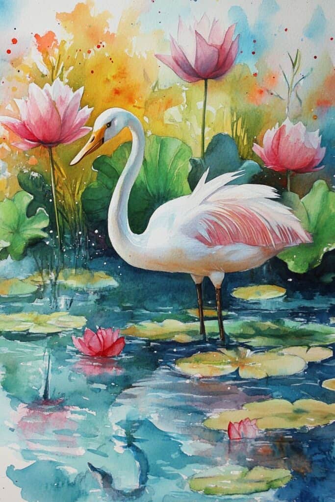 Watercolor painting of a white heron among pink water lilies on a pond, vibrant nature scene, botanical art, aquatic wildlife illustration.