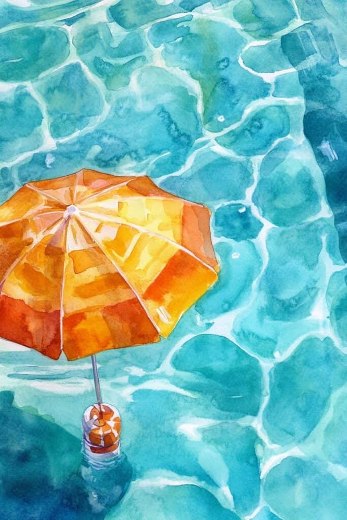 Colorful watercolor painting of an orange beach umbrella floating on blue water.
