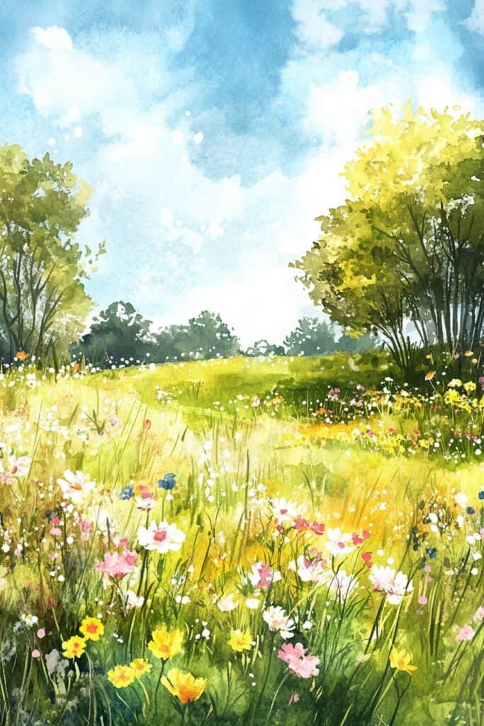 Flower meadow painting, watercolor art of lush green field with colorful wildflowers and trees.