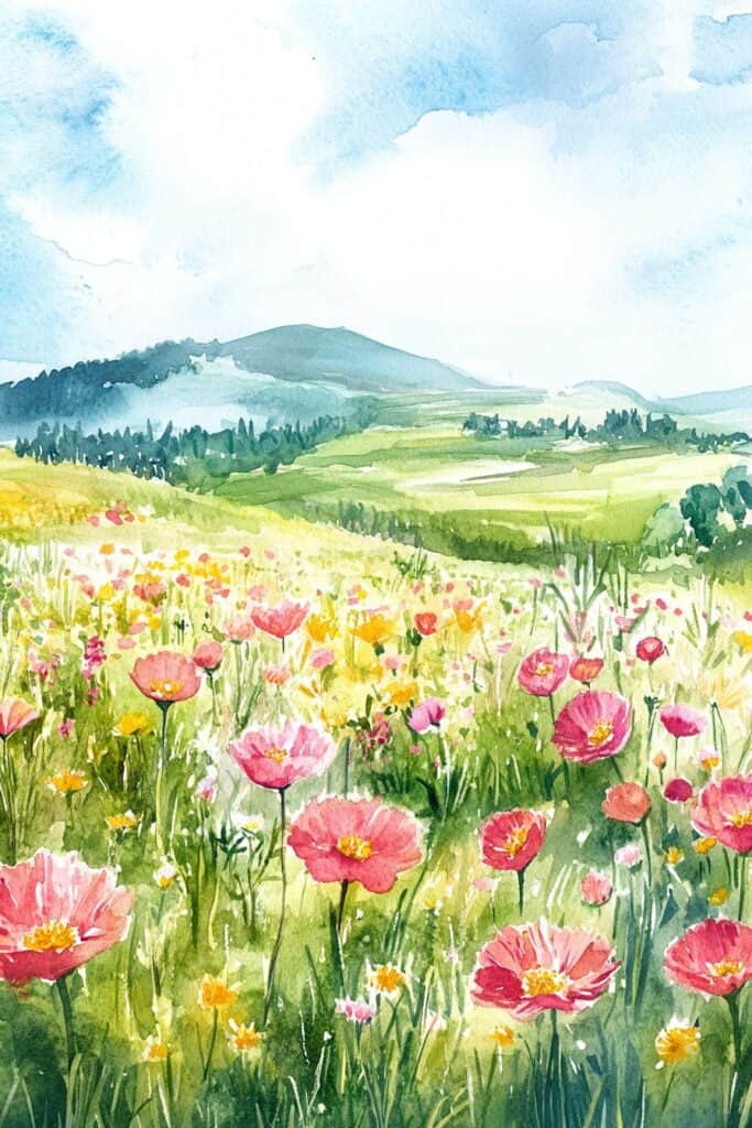 Vibrant watercolor landscape of wildflowers and rolling green hills under a blue sky.