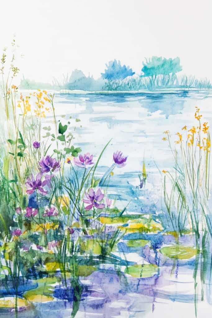 Watercolor painting of a serene pond with blooming flowers and lush trees in the background.