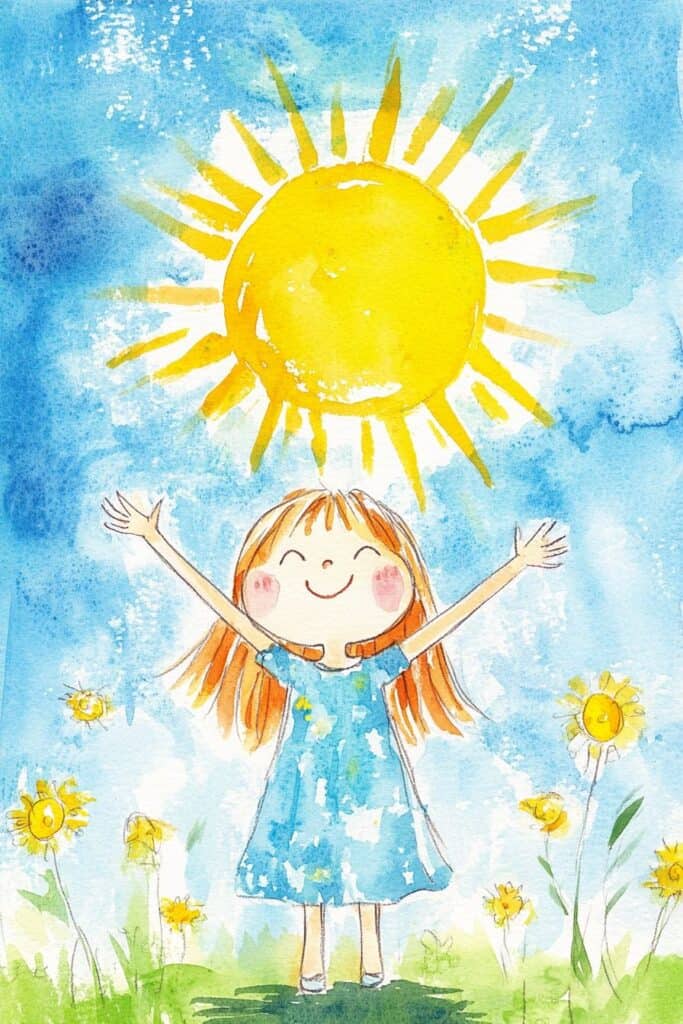Sunshine children's drawing, watercolor art of girl with outstretched arms outdoors.