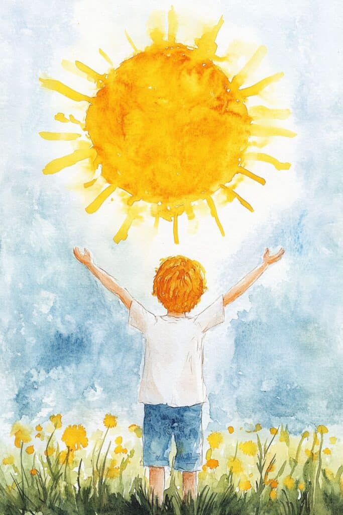Sunshine boy reaching towards the bright sun in a watercolor painting.