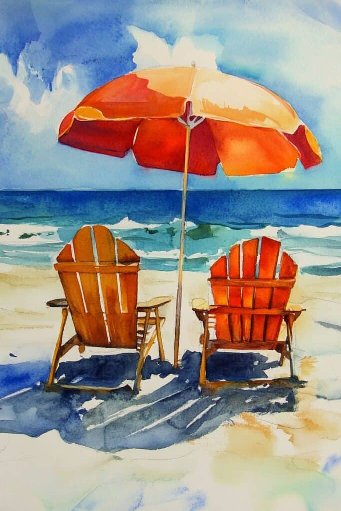 Colorful beach scene with orange umbrellas and wooden chairs watercolor painting.