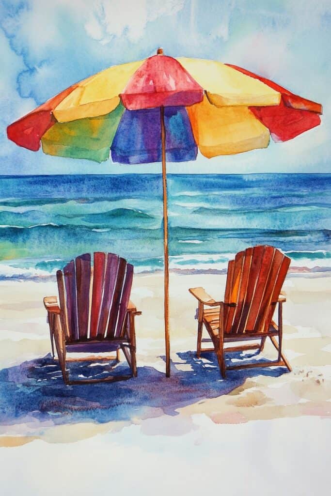 Colorful beach umbrella with two wooden chairs by the sea watercolor painting, The Sketch & Doodle Club.