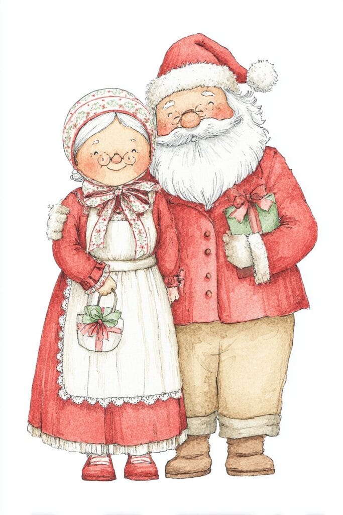 Vintage Christmas illustration of Santa Claus and Mrs. Claus with gifts, watercolor style.