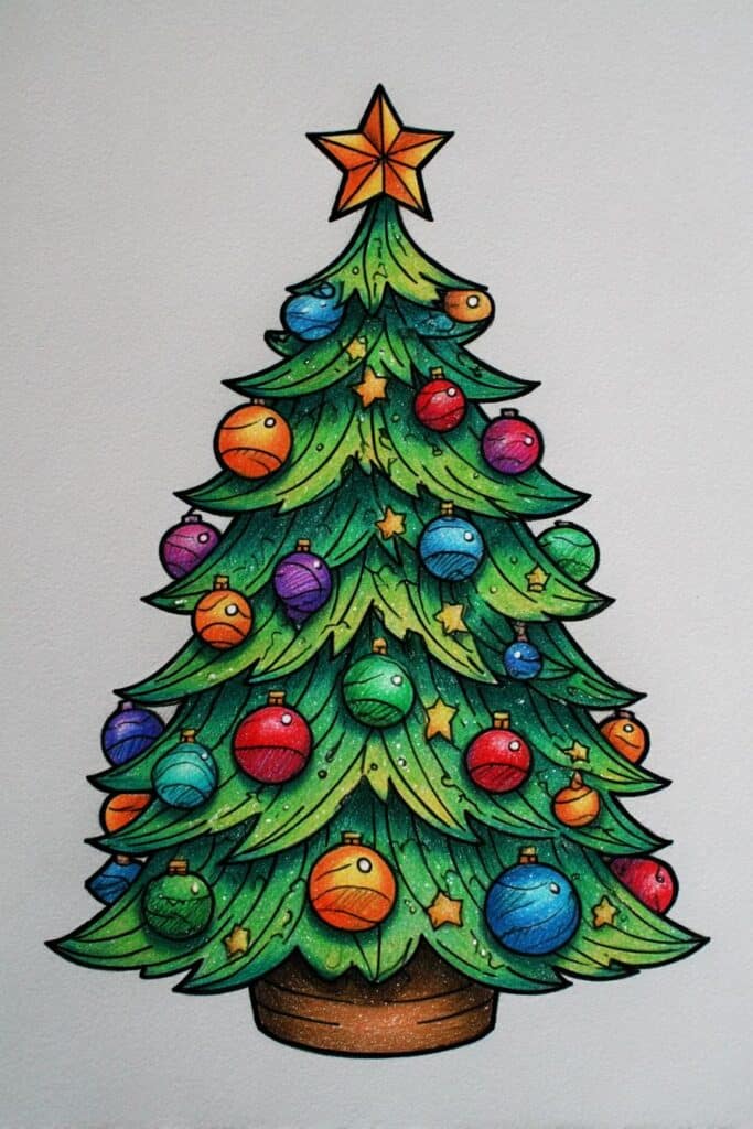 Colorful Christmas tree with ornaments and star topper, festive holiday decor, hand-drawn art.