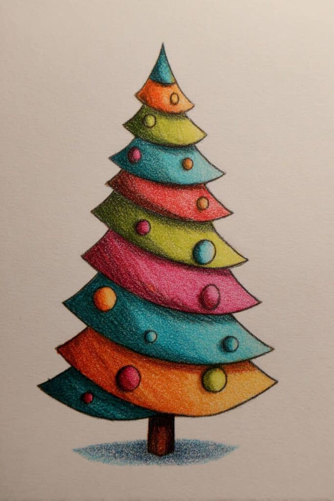 Colorful Christmas tree illustration with polka dots and rainbow layers.