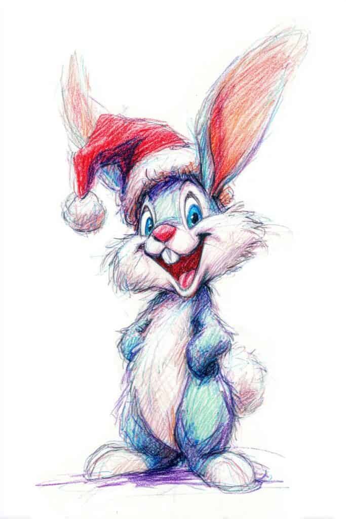 Colorful sketch of a cartoon rabbit wearing a Santa hat, cheerful holiday character.