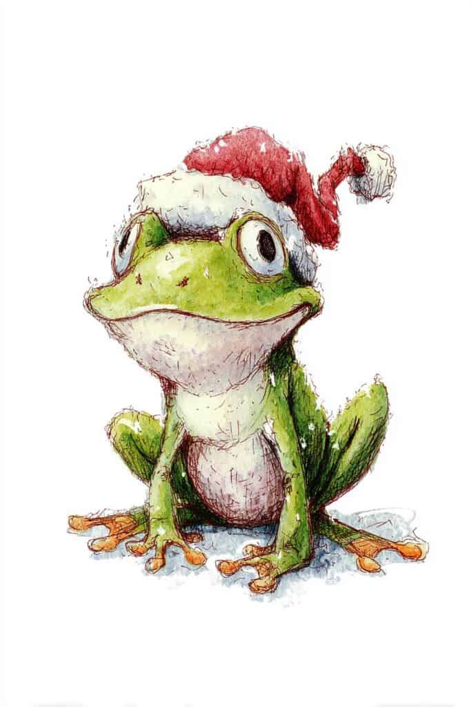 Frog wearing a Santa hat, festive holiday frog illustration, Christmas cartoon frog image.