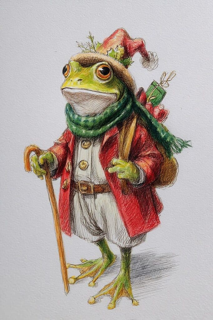 Colorful frog dressed as Santa Claus with a holiday hat and backpack, watercolor illustration.