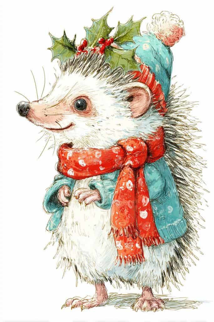 Festive hedgehog with Christmas scarf and ornaments illustration.