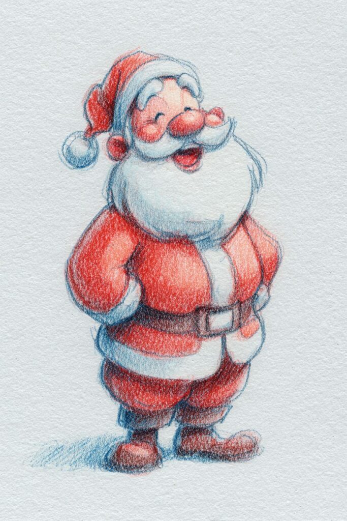 Cheerful Santa Claus sketch in colored pencil, festive holiday character art.