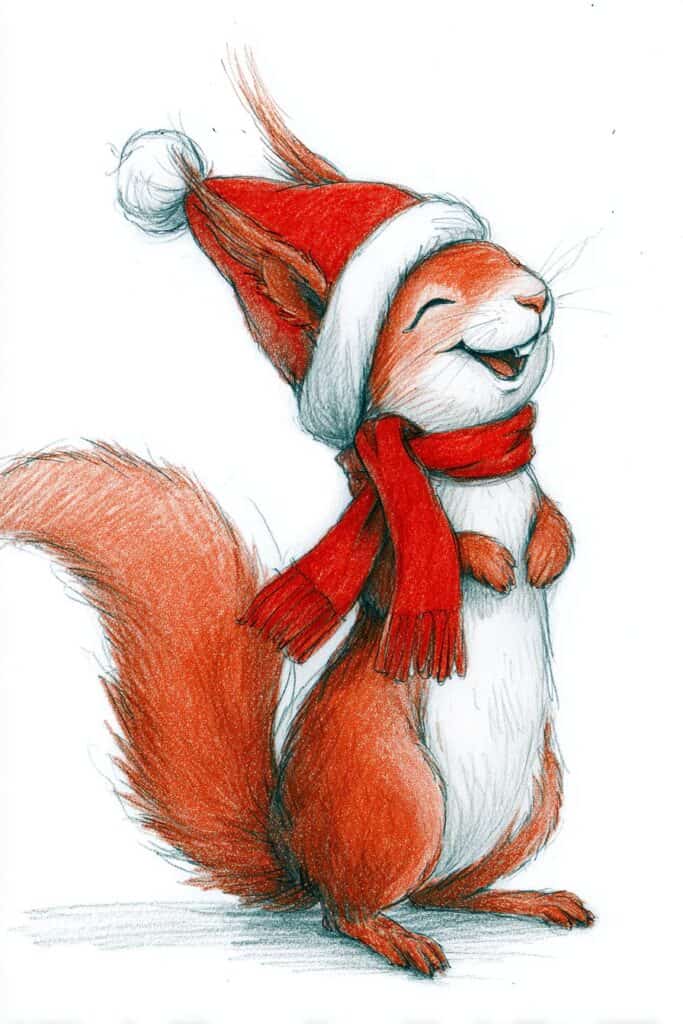 Color pencil sketch of a happy squirrel wearing a Santa hat and red scarf, holiday illustration, festive winter scene.