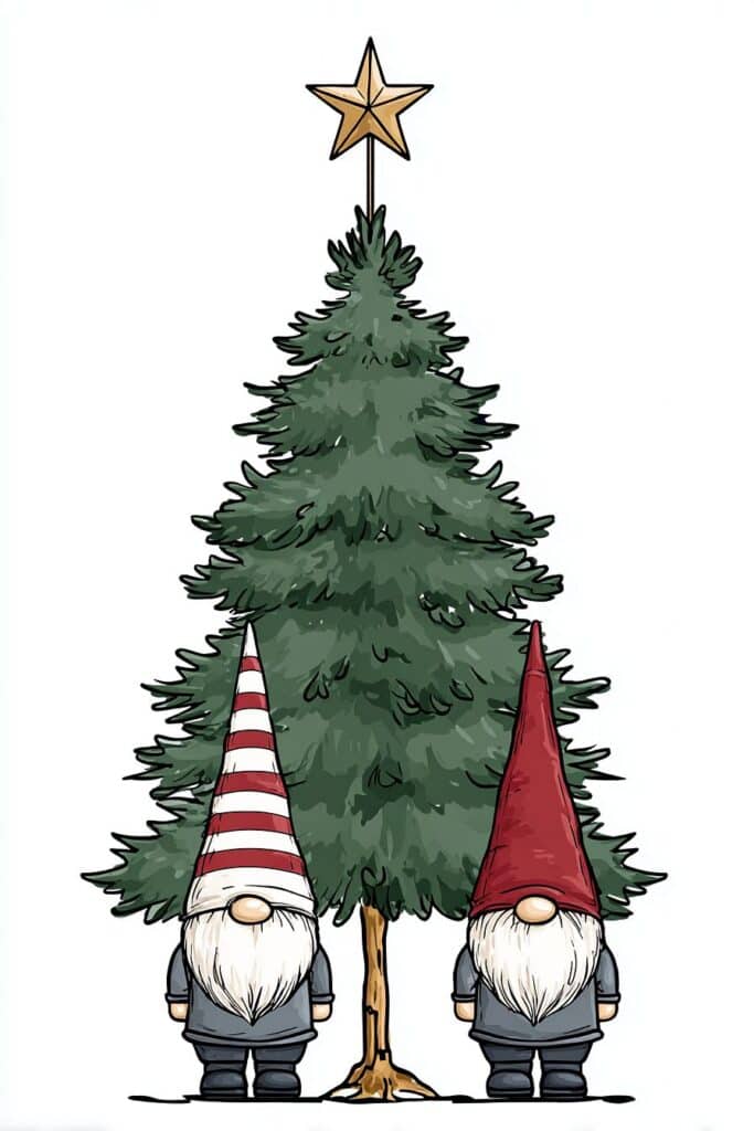 Colorful holiday gnome gnomes standing by Christmas tree with star topper.
