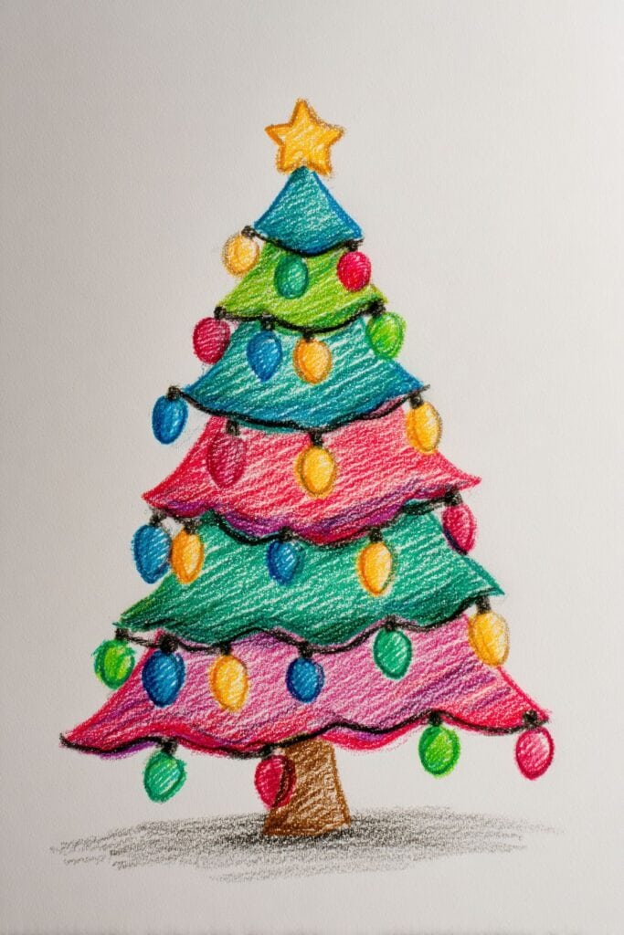 Colorful Christmas tree drawing with string lights, in crayon style.
