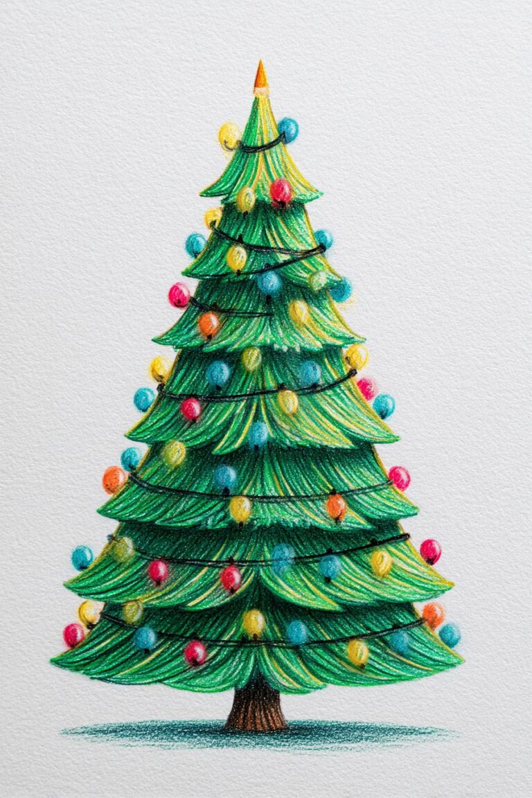 Colorful Christmas tree drawing with ornaments and festive decorations, hand-drawn art.