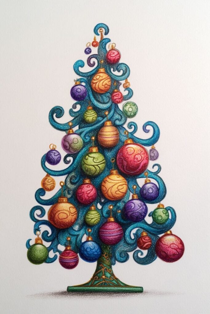 Colorful decorated Christmas tree with ornaments.