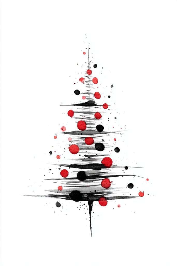 Colorful abstract Christmas tree watercolor painting with red and black ink splashes.