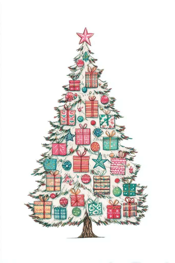 Colorful hand-drawn Christmas tree with presents and ornaments, festive holiday illustration.