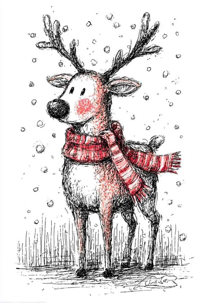 Cute reindeer with a red scarf sketch for holiday season.