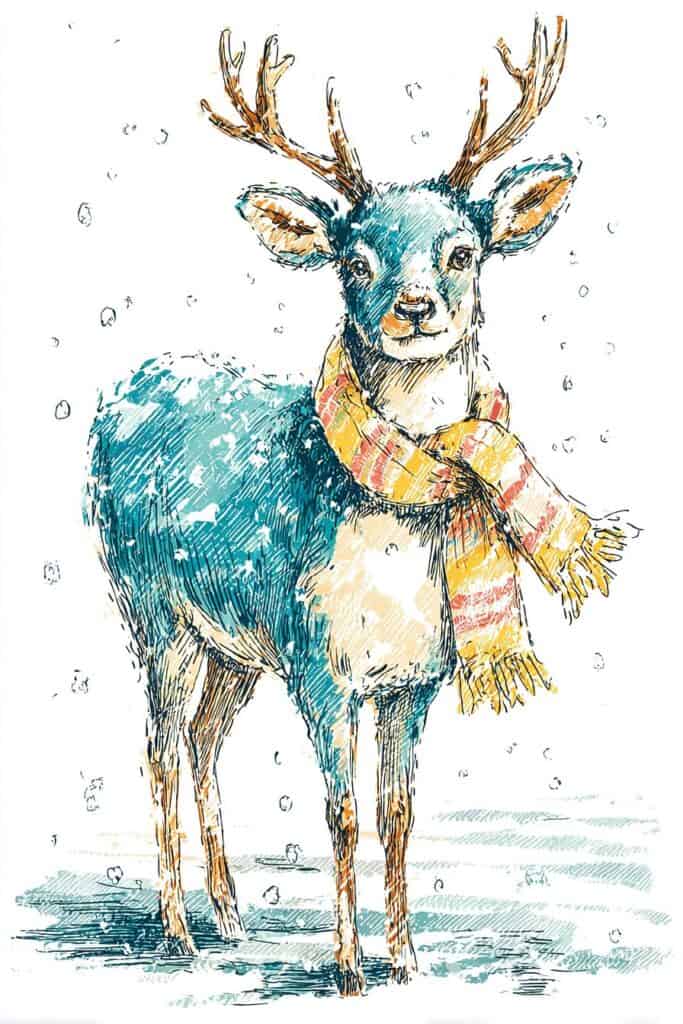 Colorful sketch of a Christmas reindeer wearing a scarf in a winter snow scene.
