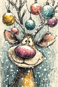 Colorful sketch of a cheerful reindeer with Christmas ornaments hanging from its antlers, holiday celebration scene.