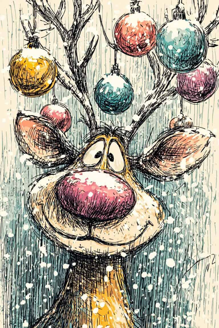 Colorful sketch of a cheerful reindeer with Christmas ornaments hanging from its antlers, holiday celebration scene.