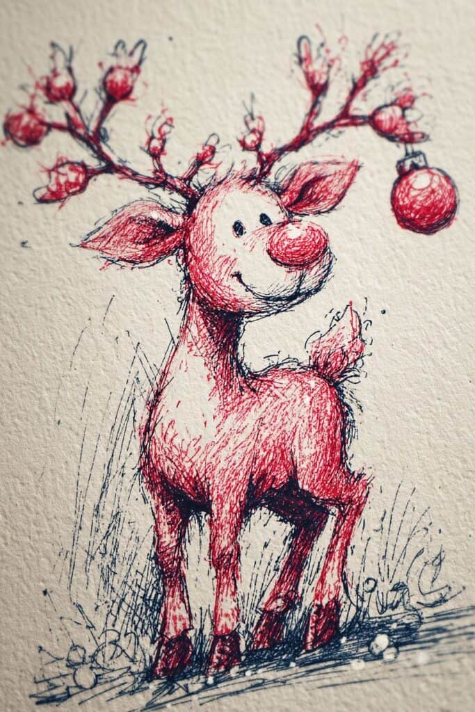 Whimsical reindeer sketch with antlers and Christmas ornament, festive holiday art.