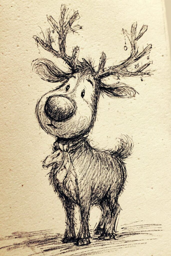 Juvenile reindeer drawing sketch, playful animal art, whimsical holiday illustration.