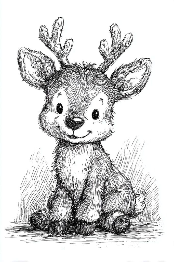Cute baby reindeer coloring page, adorable animal illustration for kids.