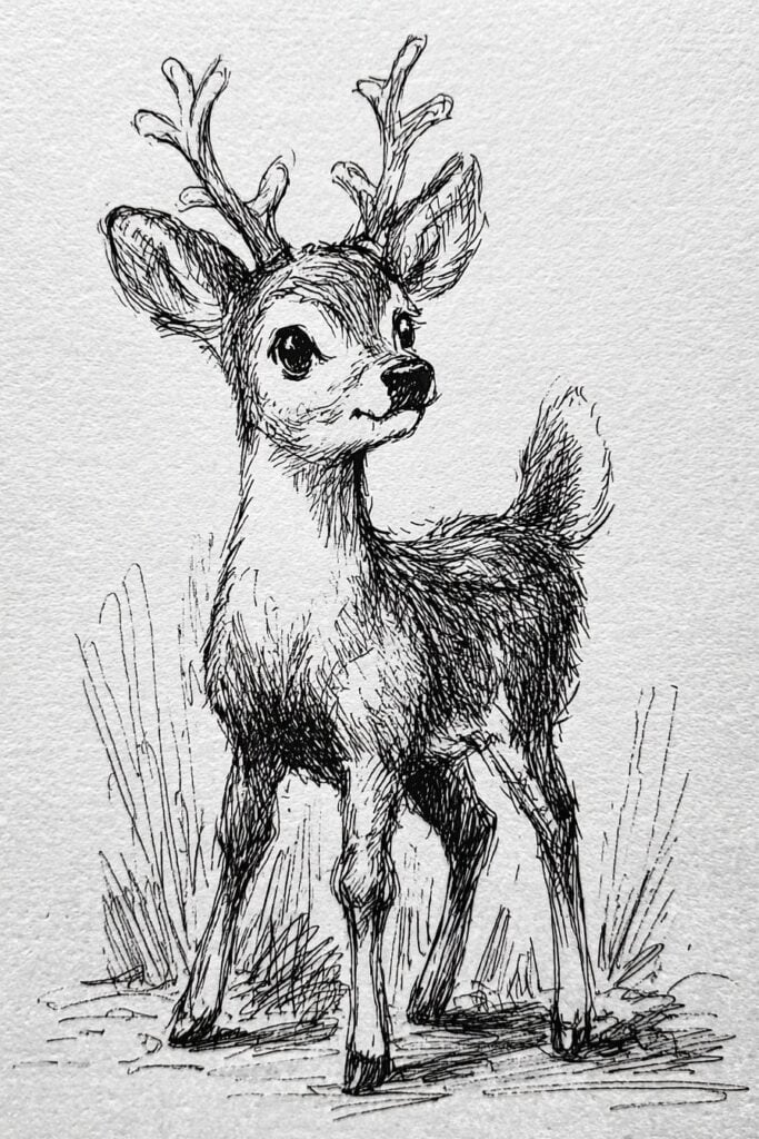 Cute reindeer sketch in black ink drawing style.