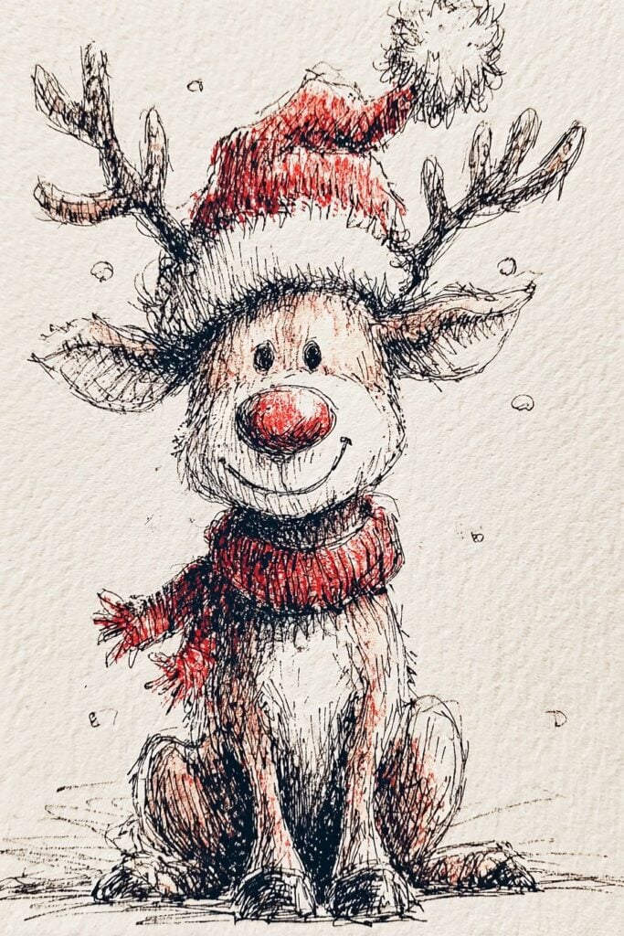Cute Christmas reindeer sketch with red accents, festive holiday illustration, hand-drawn art, holiday decor, seasonal drawing.