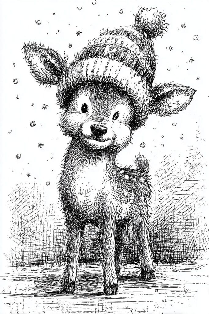 Cute reindeer sketch with a cozy winter knit hat, black and white illustration, furry details.