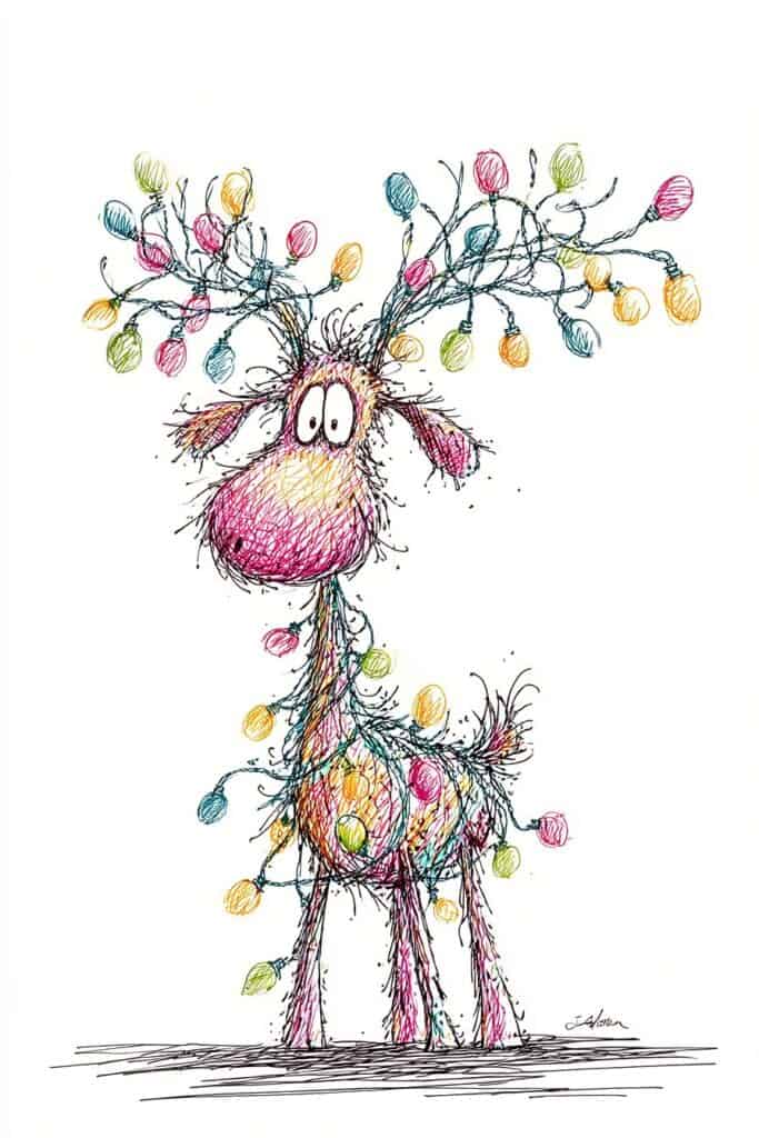 Colorful doodle of a whimsical giraffe with string lights on a white background.