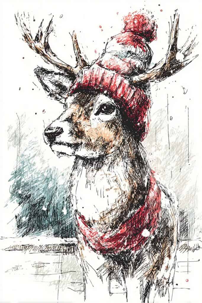 Stag with antlers wearing a red scarf and a knitted hat, artistic sketch style.