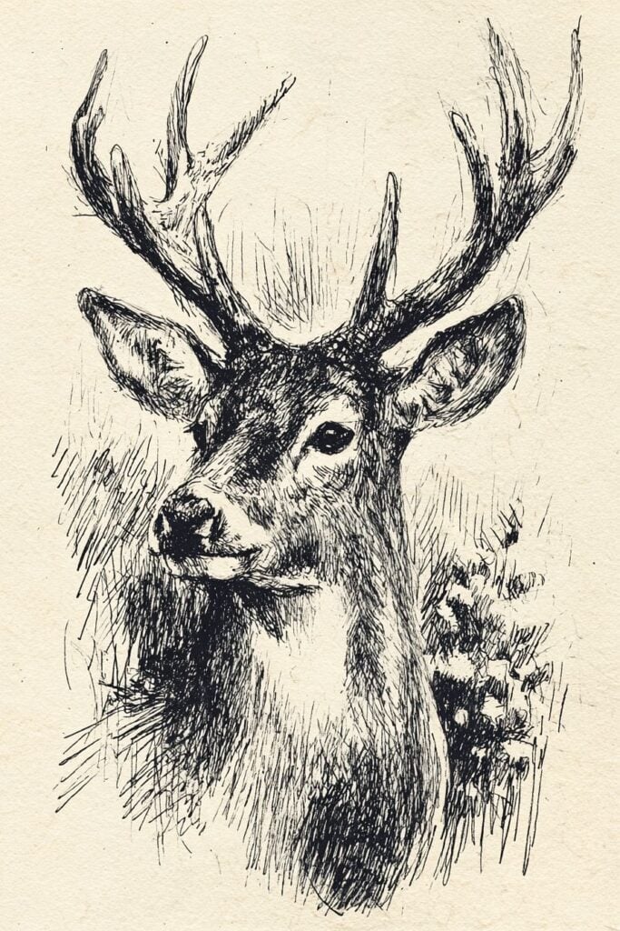 Intricate black ink sketch of a majestic deer with large antlers on textured beige background.