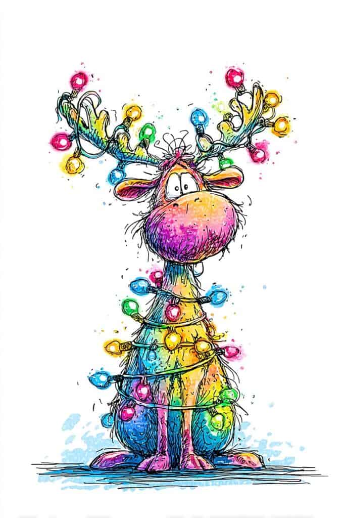Colorful cartoon reindeer wrapped in Christmas lights, festive holiday illustration.
