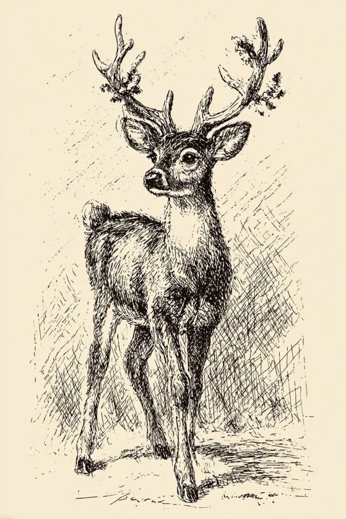 Majestic deer sketch with antlers, hand-drawn art for nature and wildlife enthusiasts.