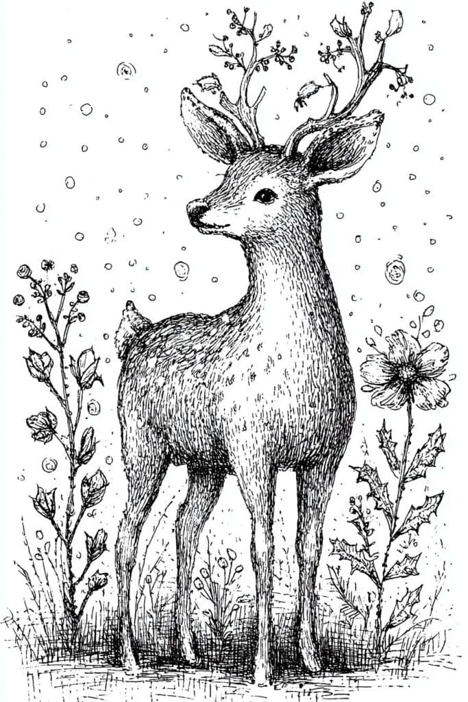Whimsical deer sketch with antlers made of branches and flowers, nature-inspired ink drawing.