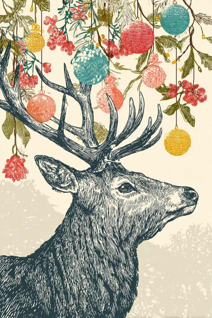 Deer with antlers transforming into a colorful hanging lanterns and floral branches.